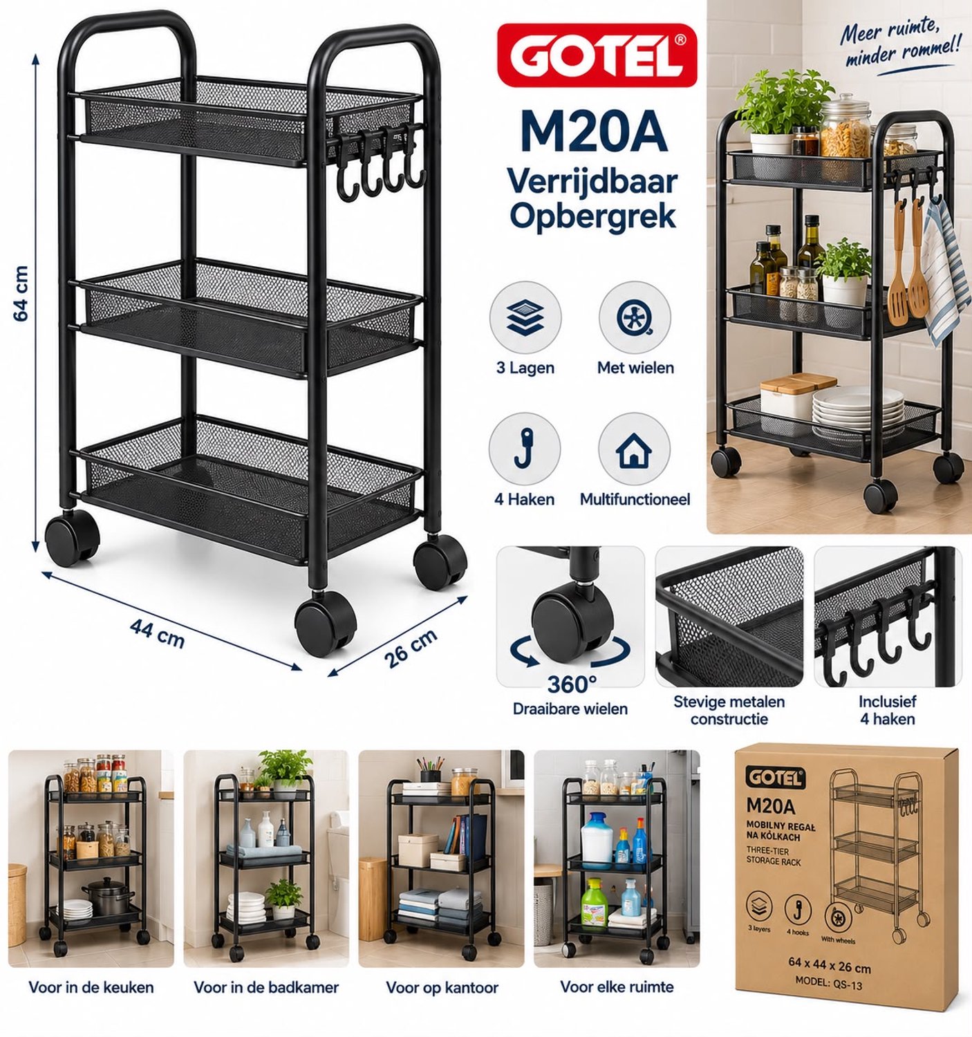 Verrijdbaar Opbergrek-3 laags keukenrek met wielen-4 haken