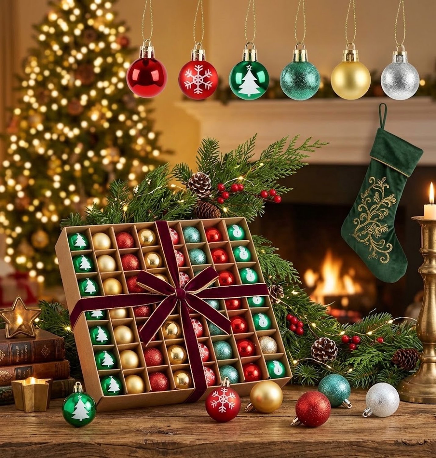 63-delige Kerstballen Set – 3 cm – Glanzend – Kerstboomdecoratie – Kerstballen in Rood, Groen en Goud – Voor Kerstboom en Kerstversiering