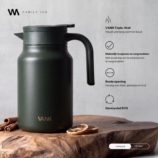 VANN® 3-wandige RVS Thermoskan 1.5L – Isoleerkan – Schenkkan met Drukknop – Voor Koffie, Thee, IJswater & Meer – VANN® Family Jug – Dark Forest Green — cadeau in Koken & Dineren - foto 2