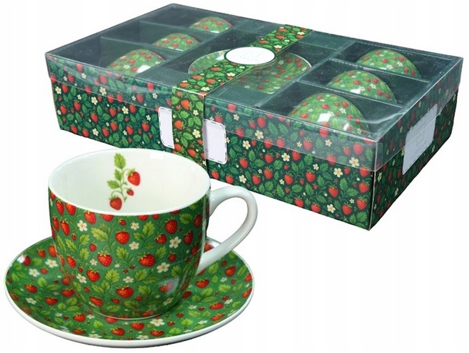 Livello Porseleinen Kopjes met Schotels (6 stuks, 250ml) - Aardbeienmotief