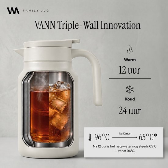 VANN® 3-wandige RVS Thermoskan 1.5L – Isoleerkan – Schenkkan met Drukknop – Voor Koffie, Thee, IJswater & Meer – VANN® Family Jug – Oatstone — cadeau in Koken & Dineren - foto 5