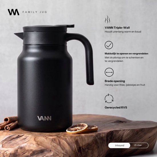 VANN® 3-wandige RVS Thermoskan 1.5L – Isoleerkan – Schenkkan met Drukknop – Voor Koffie, Thee, IJswater & Meer – VANN® Family Jug – Zwart — cadeau in Koken & Dineren - foto 2
