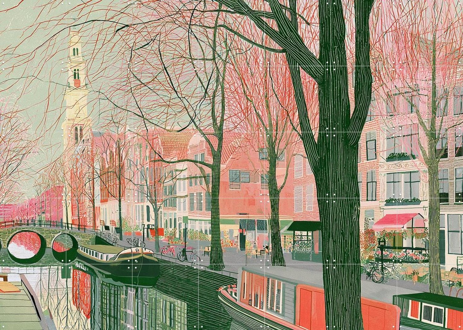 IXXI Landscape Amsterdam, Artclaud - 140 x 100 cm - Grote wanddecoratie en posters - Modern, Gang, Trap, Gebouwen, Architectuur, Bruggen, Stad, Boten Groen / Rood