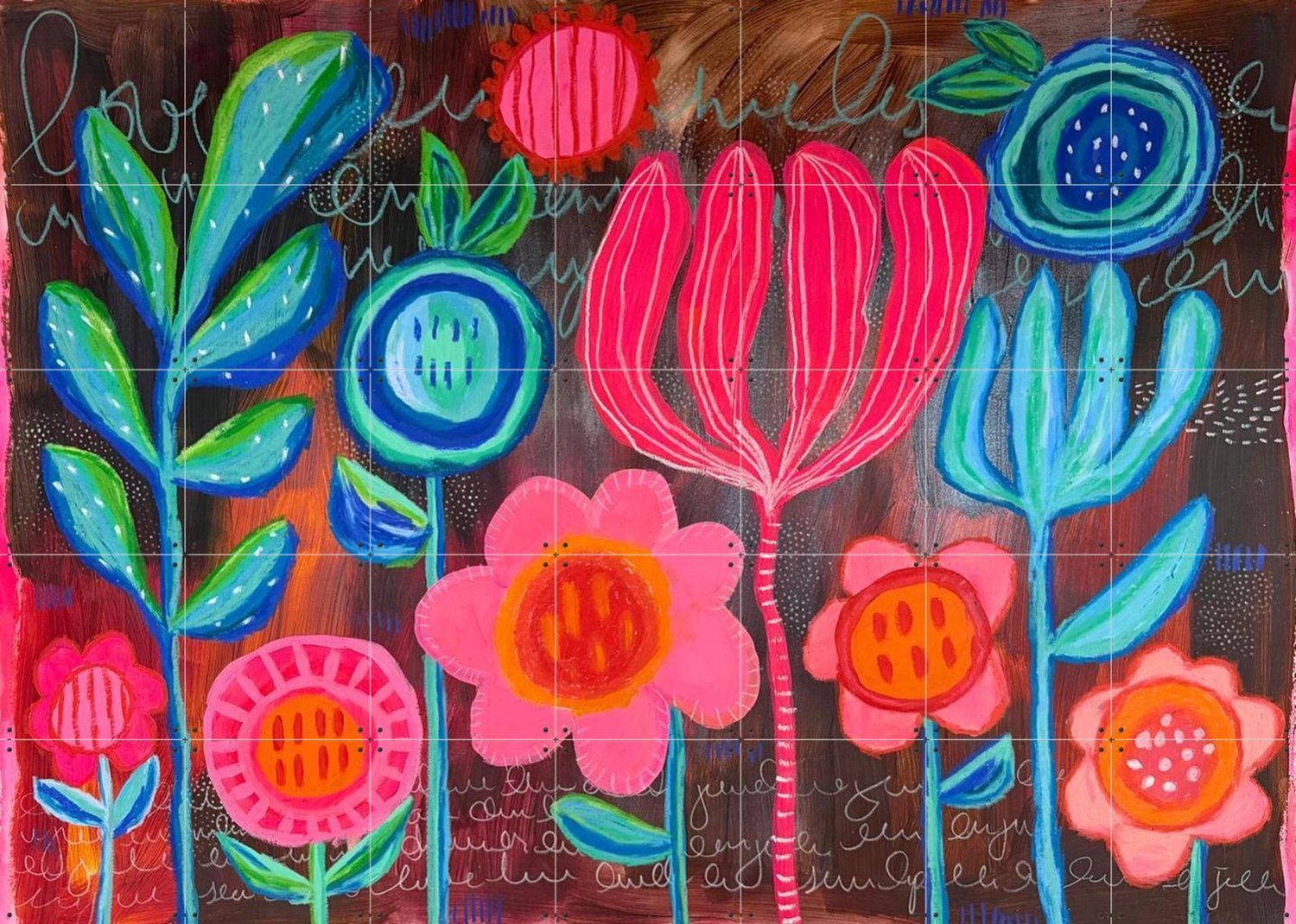 IXXI Oana, Yvette Fanciulli - 140 x 100 cm - Grote wanddecoratie en posters - Schilderijen, Speels, Kleurrijk, Gang, Woonkamer, Bloemen Blauw / Roze / Bruin
