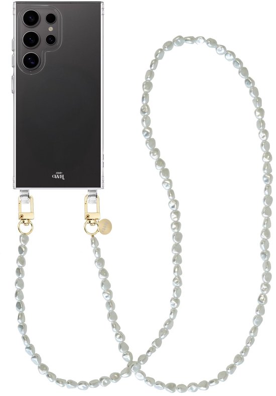 Transparant telefoonhoesje met een lange parelketting en goudkleurige details, geschikt voor een Samsung Galaxy S23 Ultra.