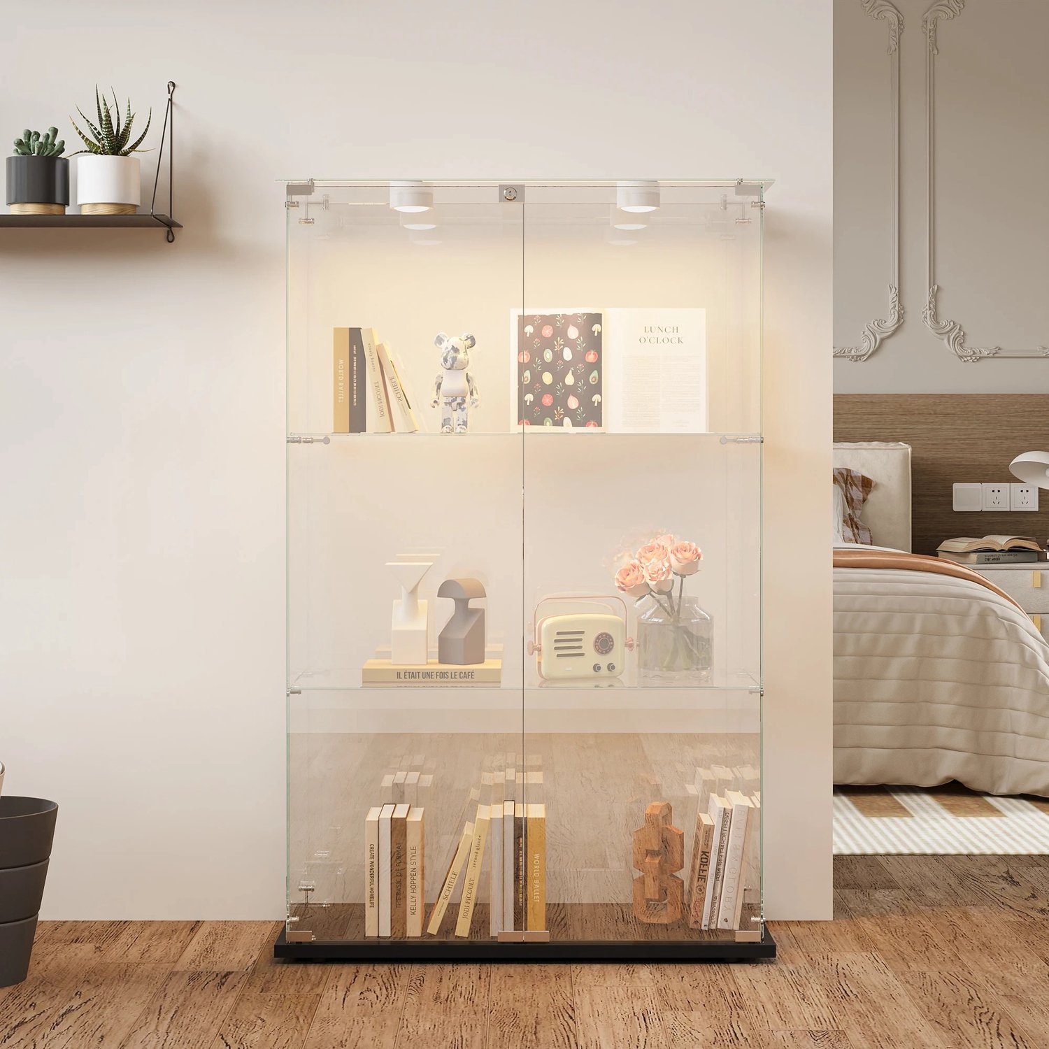Prime Home Vitrinekast - Glazen kast - Wandvitrine - 1 deur - 6 opbergplaatsen - Voor verzamelobjecten - Met LED-verlichting - 123,3 x 39,8 x 35cm - Zwart