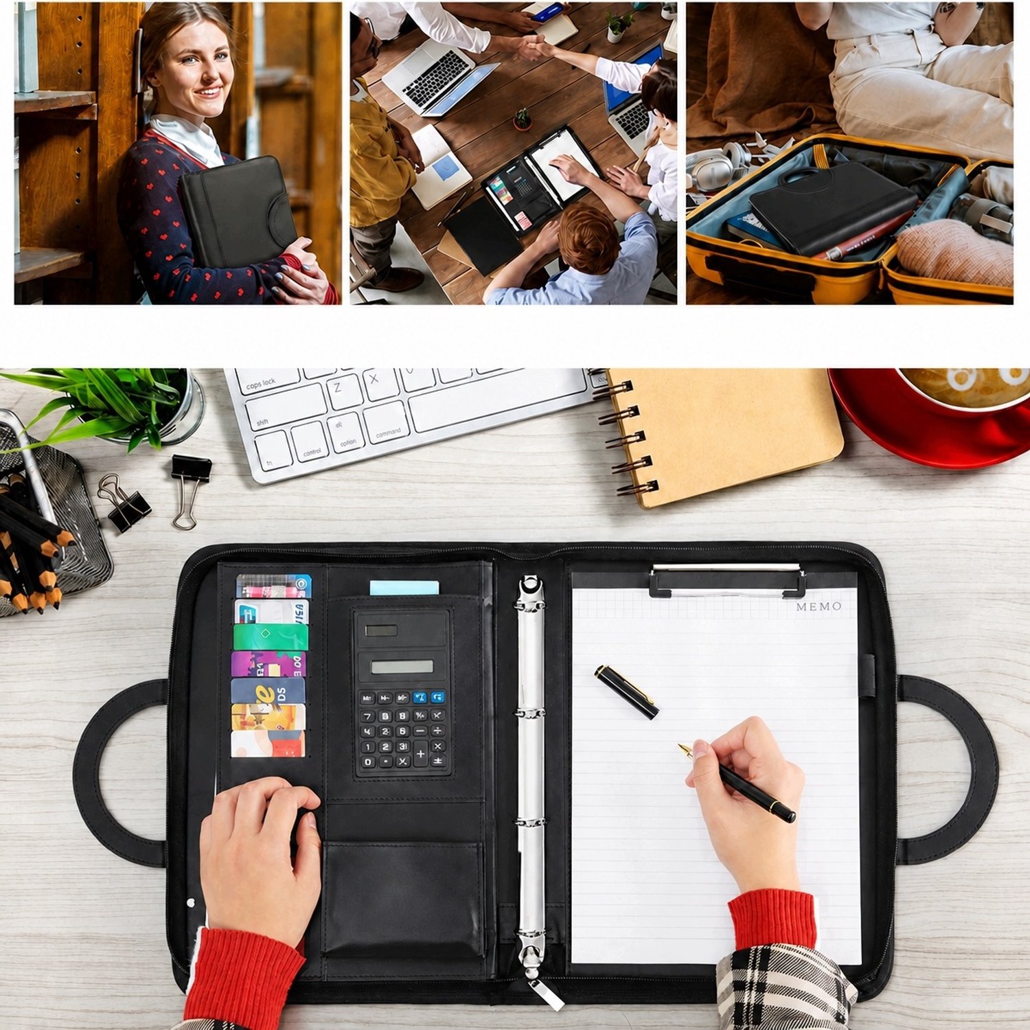 A4 PU Leder Portfolio met Rekenmachine en Notitieblok - Zwart