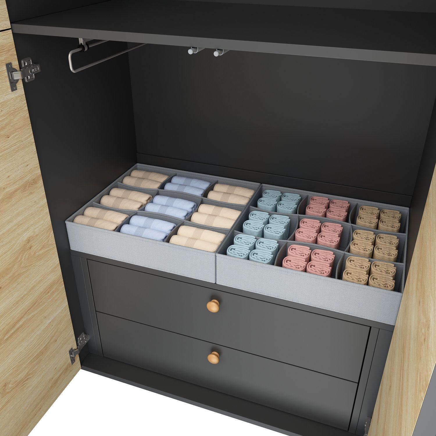 MODENUIT Kledingkast - Kledingstang En 2 Lades - Voor Slaapkamer - MDF - Grijs En Houtkleur - 90x50x200 Cm