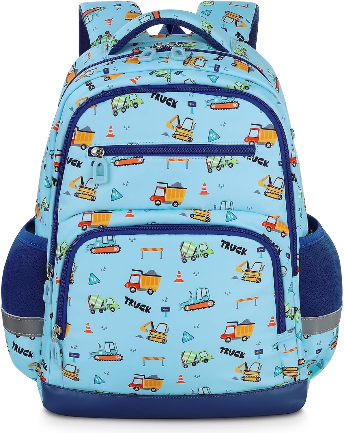 Kinderrugzak - Schooltas met bouwvoertuigen - Boekentas voor dagelijkse avonturen - Comfortabele gevoerde schouderbanden - Reflecterende details en draaggreep - Waterafstotende Oxford buitenstof - Lichtblauw donkerblauw - 43 x 32 x 14,5 cm