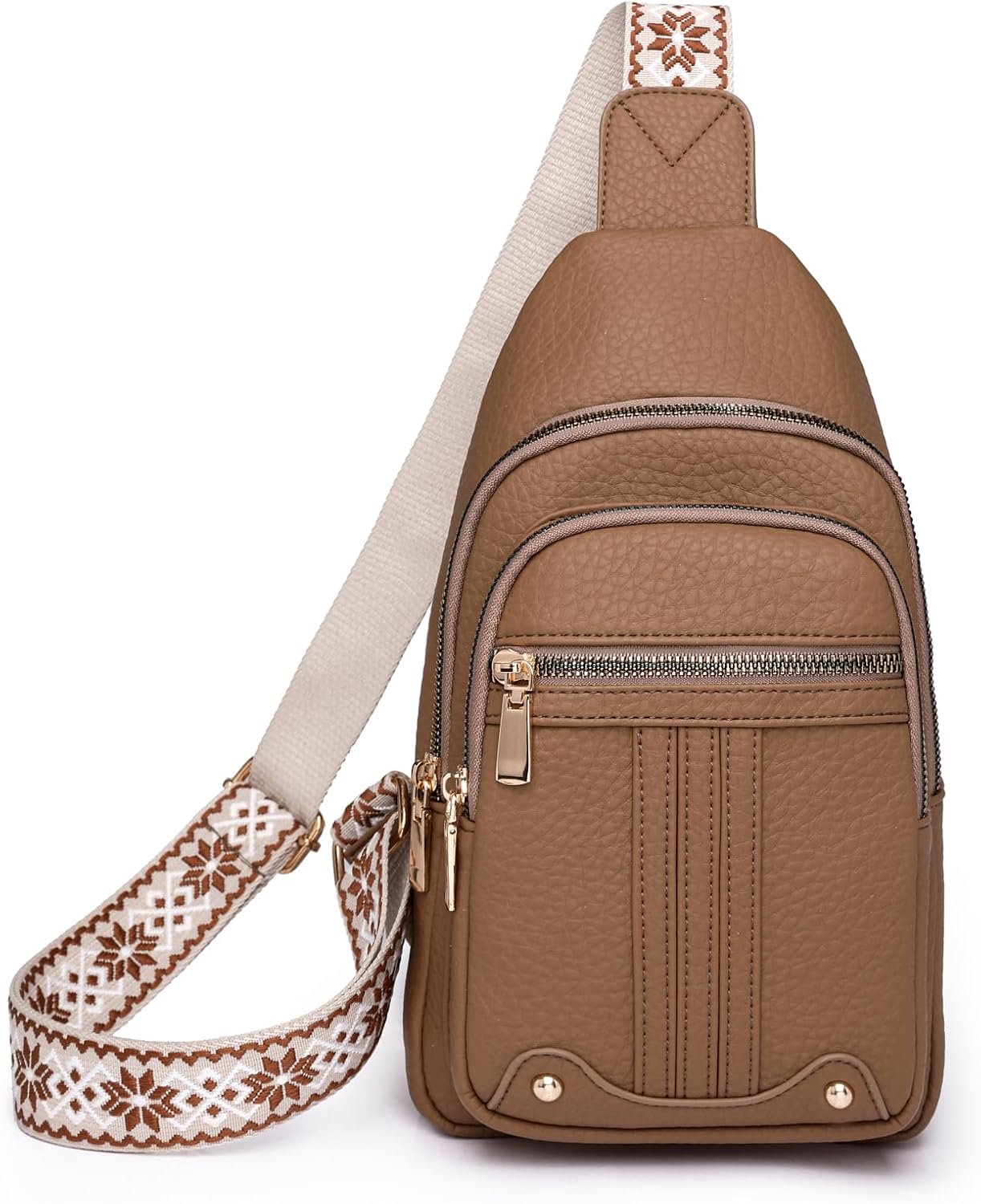 Schoudertas dames - Crossbody met ritsvakken - Borsttas voor dagelijkse uitstapjes - Slingbag met geweven patroon - Zachte kunstleren afwerking - Verstelbare brede draagriem - Bruin - 18 x 6 x 30 cm