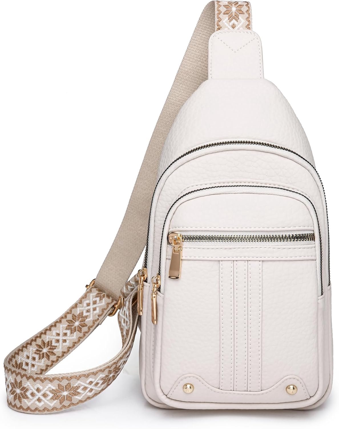 Schoudertas dames - Crossbody met ritsvakken - Borsttas voor dagelijkse uitstapjes - Slingbag met geweven patroon - Zachte kunstleren afwerking - Verstelbare brede draagriem - Beige/creme - 18 x 6 x 30 cm