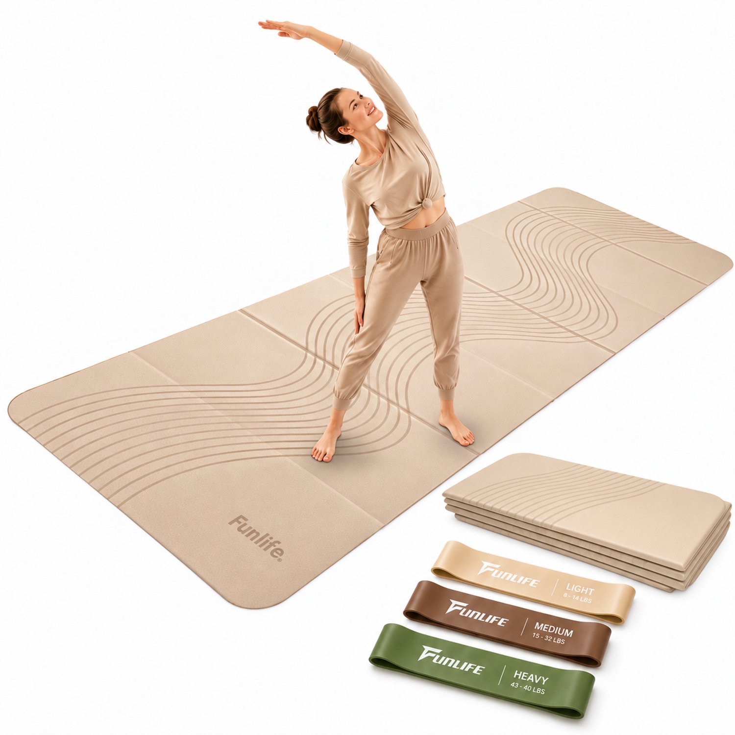 FunLife 7-delige Opvouwbare Yogamat 190 x 66 cm - 10 mm Dik - Fitnessmat met 3 Weerstandsbanden - Antislip Gymnastiekmat voor Yoga, Pilates, Stretching, Fitness en Home Workout - Lattebeige