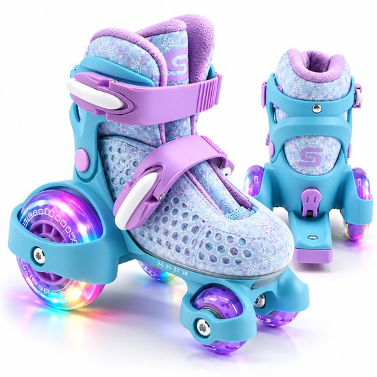 Verstelbare blauwe kinderschaatsen met sneeuwvlokprint, paarse voering, en oplichtende wielen.