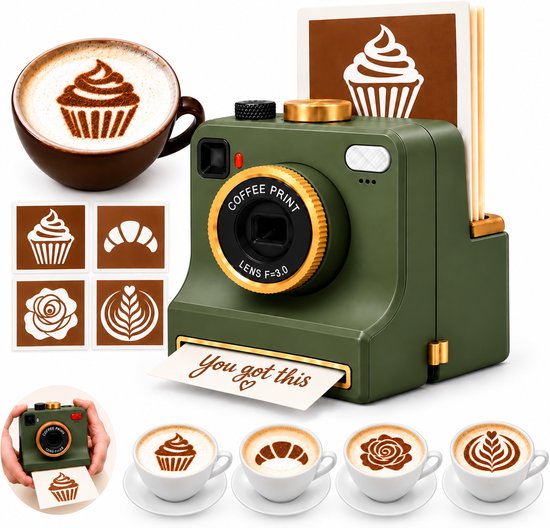 Groene retro koffieprinter met vier sjablonen voor latte art, inclusief een 'you got this' kaartje.