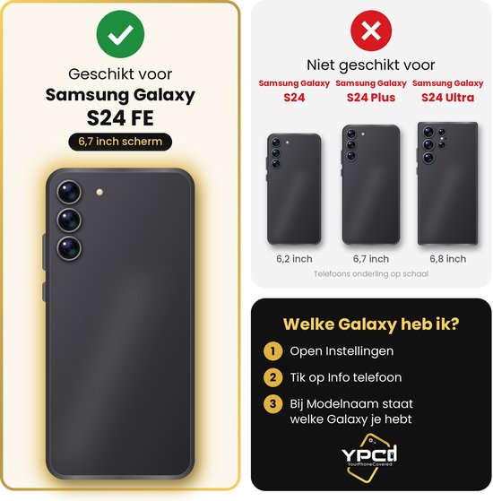 Compatibiliteitsoverzicht: hoes uitsluitend geschikt voor Samsung Galaxy S24 FE, niet voor S24, S24 Plus of Ultra.