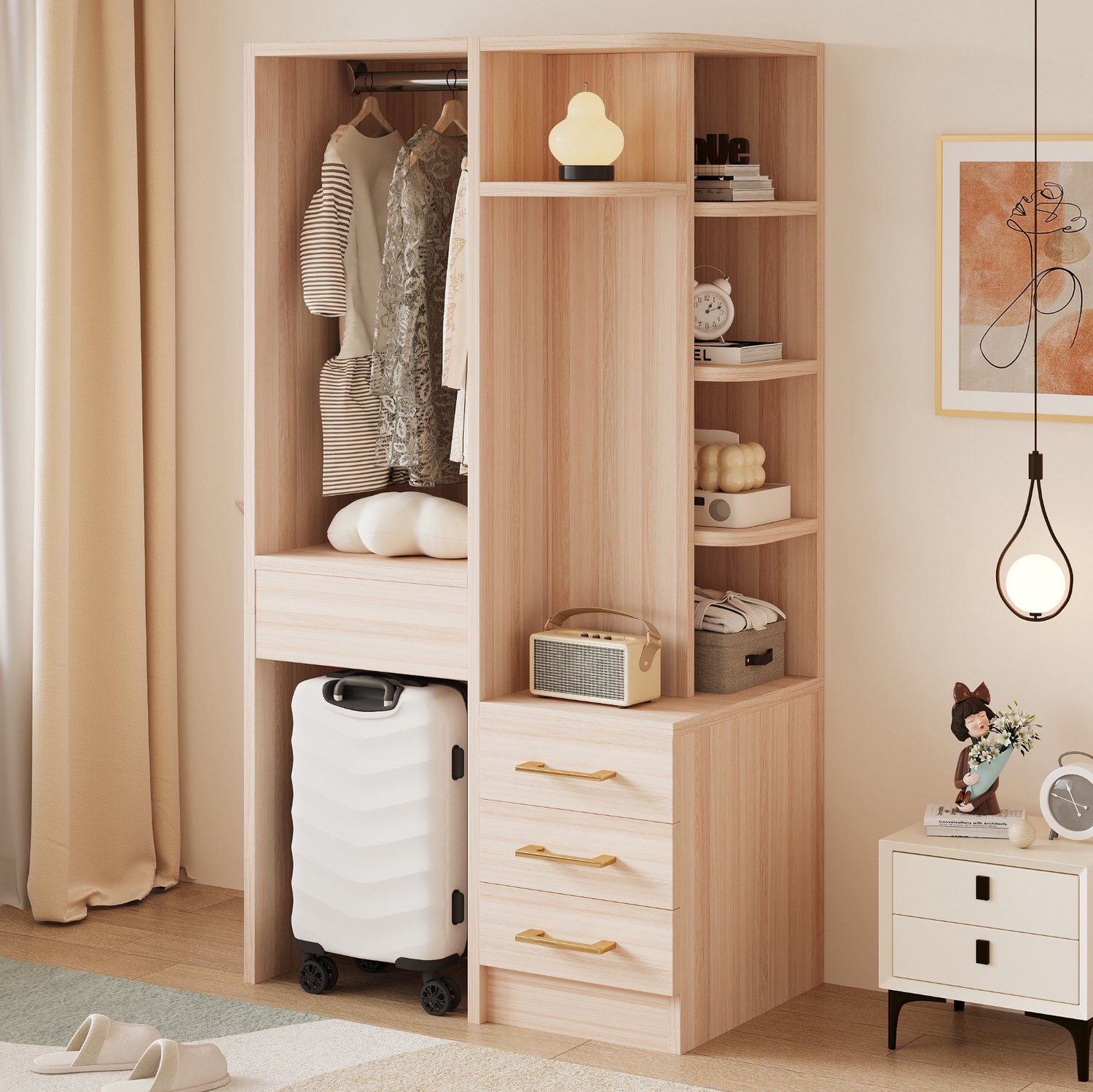 COVREO Kledingkast met hanggedeelte – Garderobekast met 3 lades – Opbergkast voor kinderkamer en slaapkamer – 70x45x135 cm – Houtkleur