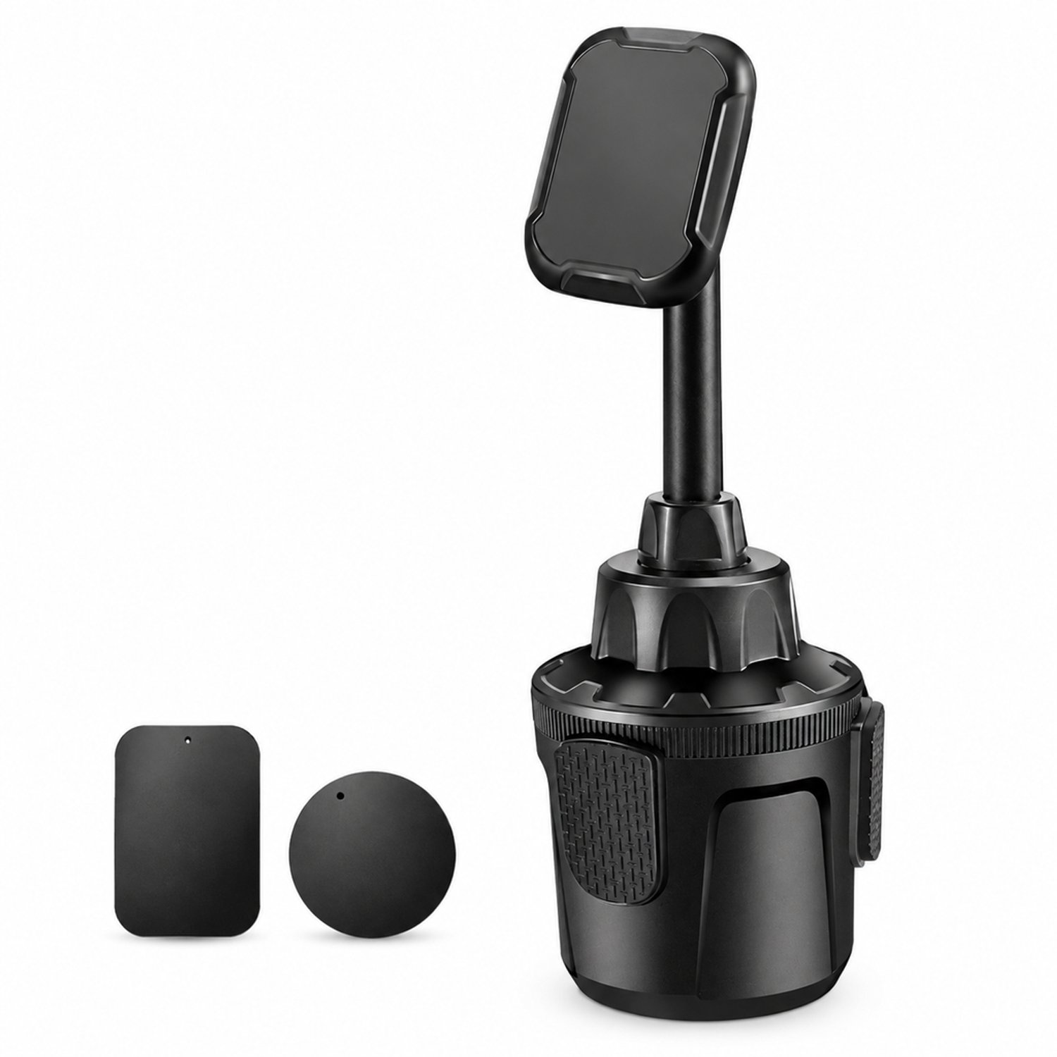 telefoonhouders auto zwarte magnetische houder voor in de bekerhouder in hoogte verstelbaar voor horizontaal en verticaal gebruik inclusief 1 vierkante magneetplaat en 1 ronde magneetplaat