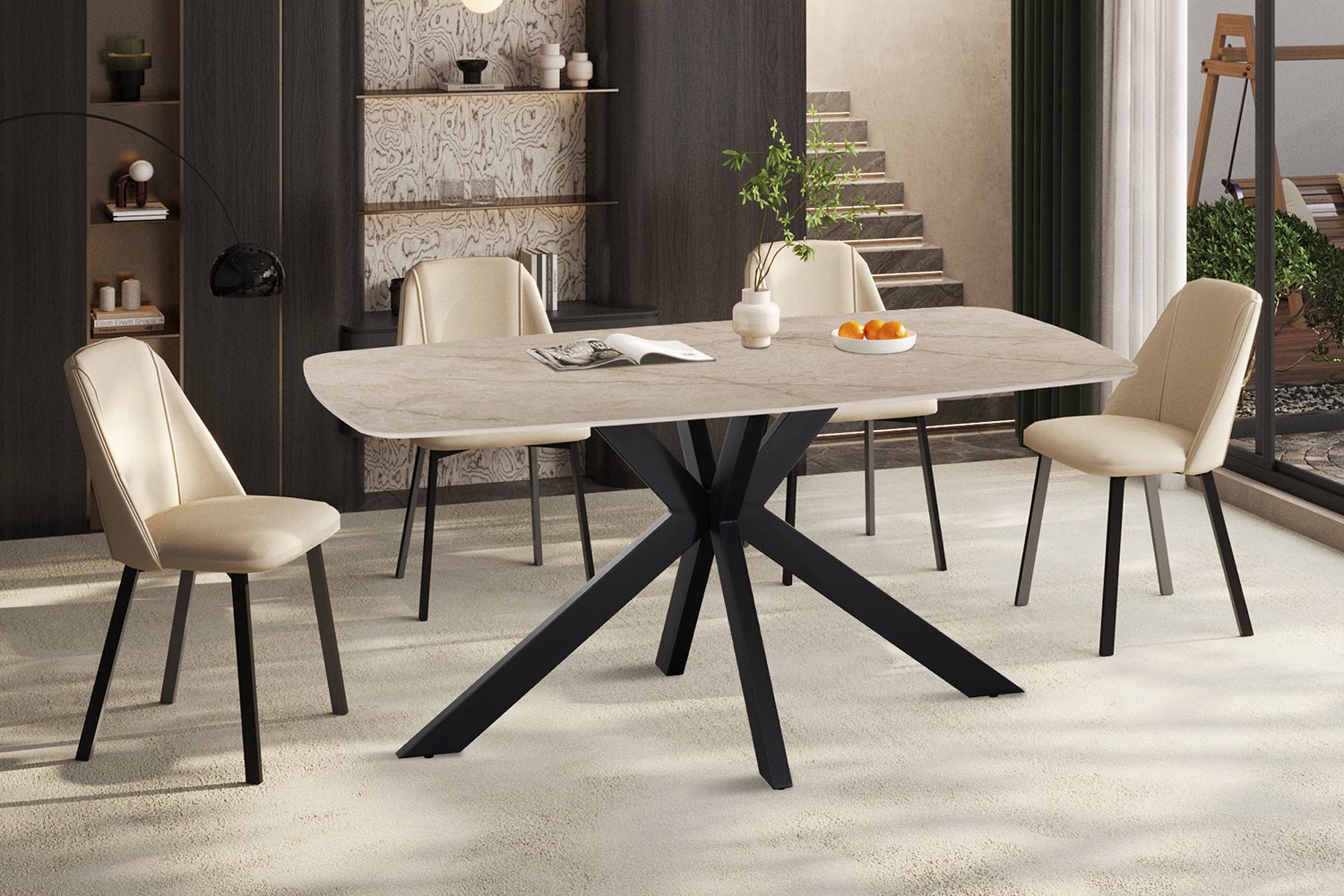Rousseau Apollo Eettafel – 160 x 90 cm – Deens Ovaal – Glanzend Beige Stenen Blad met Grijze Marmerlook – Zwarte Matrixpoot