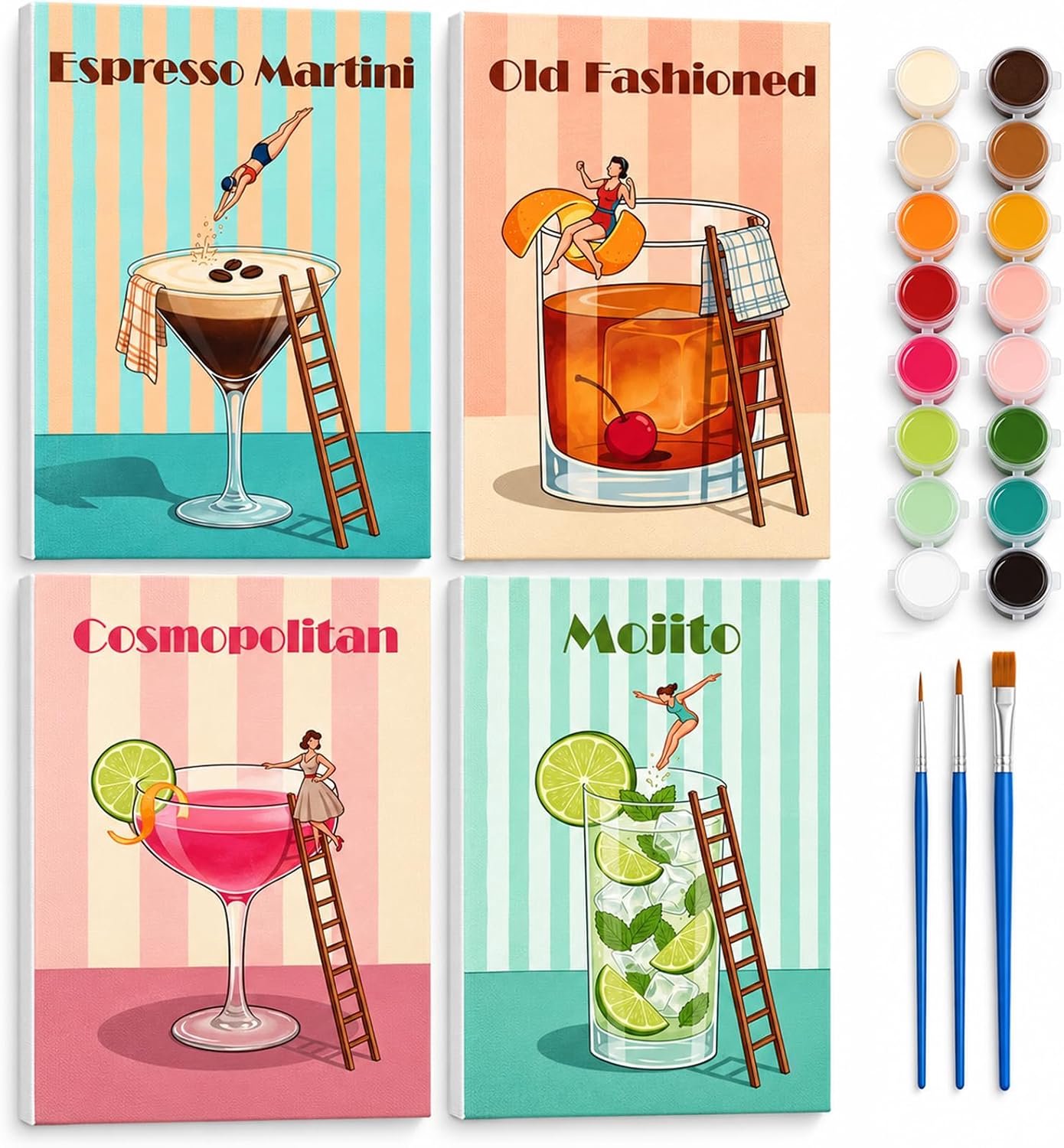 Schilderen op nummer 20 x 30 - cocktailglas-thema - 4-delige set - perfecte wanddecoratie - m-winkel