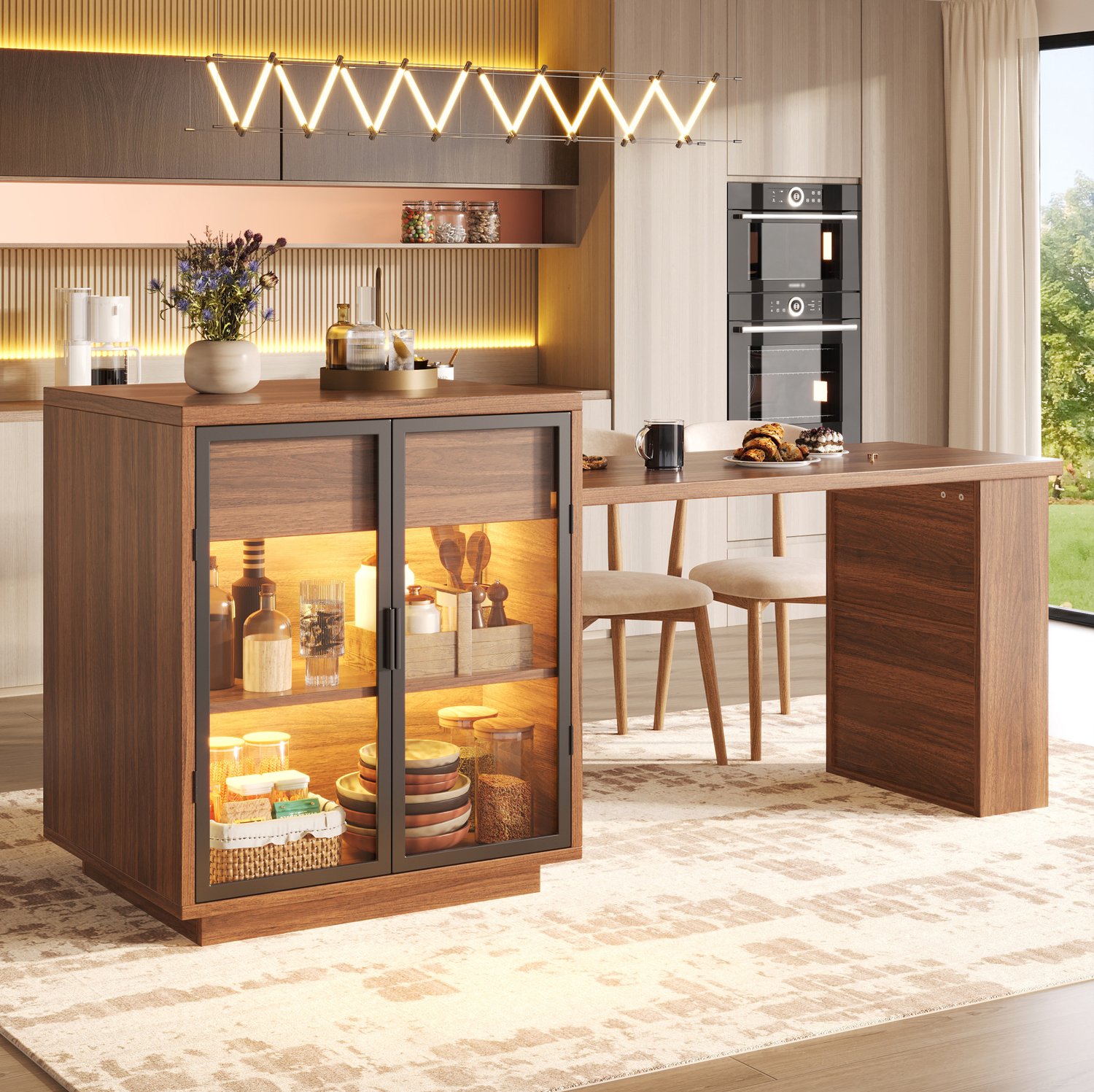 COVREO Uitschuifbare eettafel – 122-194,5 x 70 x 94 cm – Keukeneiland met opbergruimte – Werkplek met LED en USB – Donkerbruin