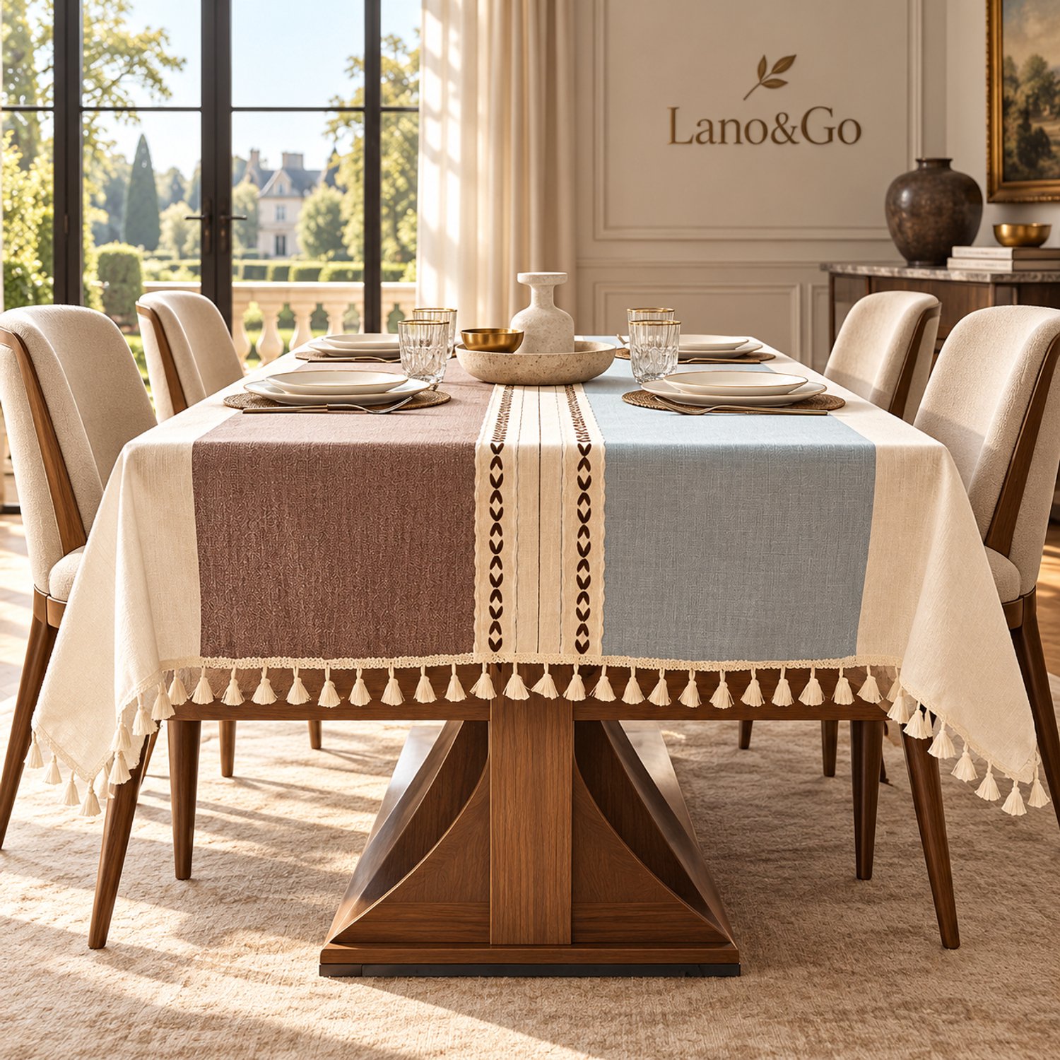 Lano&Go Tafelkleed Katoen Linnen Modern Gestreept met Kwastjes, Waterafstotend en Wasbaar, Voor Eettafel Keuken Binnen en Buiten