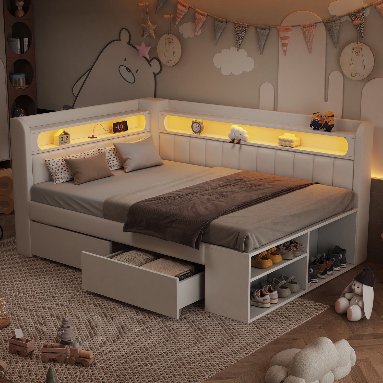 Gestoffeerde slaapbank 90x200cm met USB-aansluiting en LED-lichtstrip, Kinderbed, Eenpersoonsbed, inclusief schoenenkast en twee lades, wit.