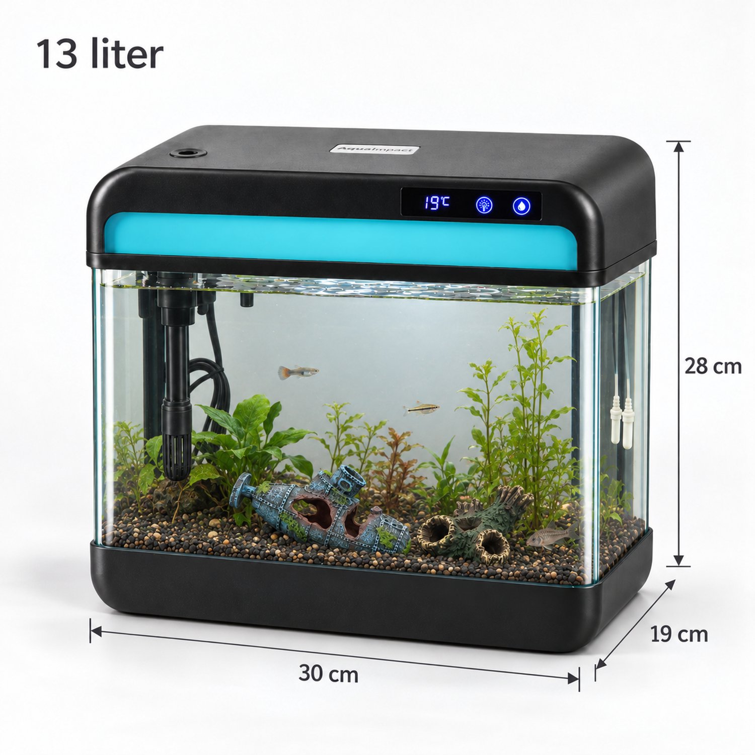 AquaImpact Zelfreinigend Aquarium 13 L + 20 Filters – Set met 3-in-1 Pomp, Filter, LED‑verlichting & Luchtbevochtiger - Modern Design thumbnail 5