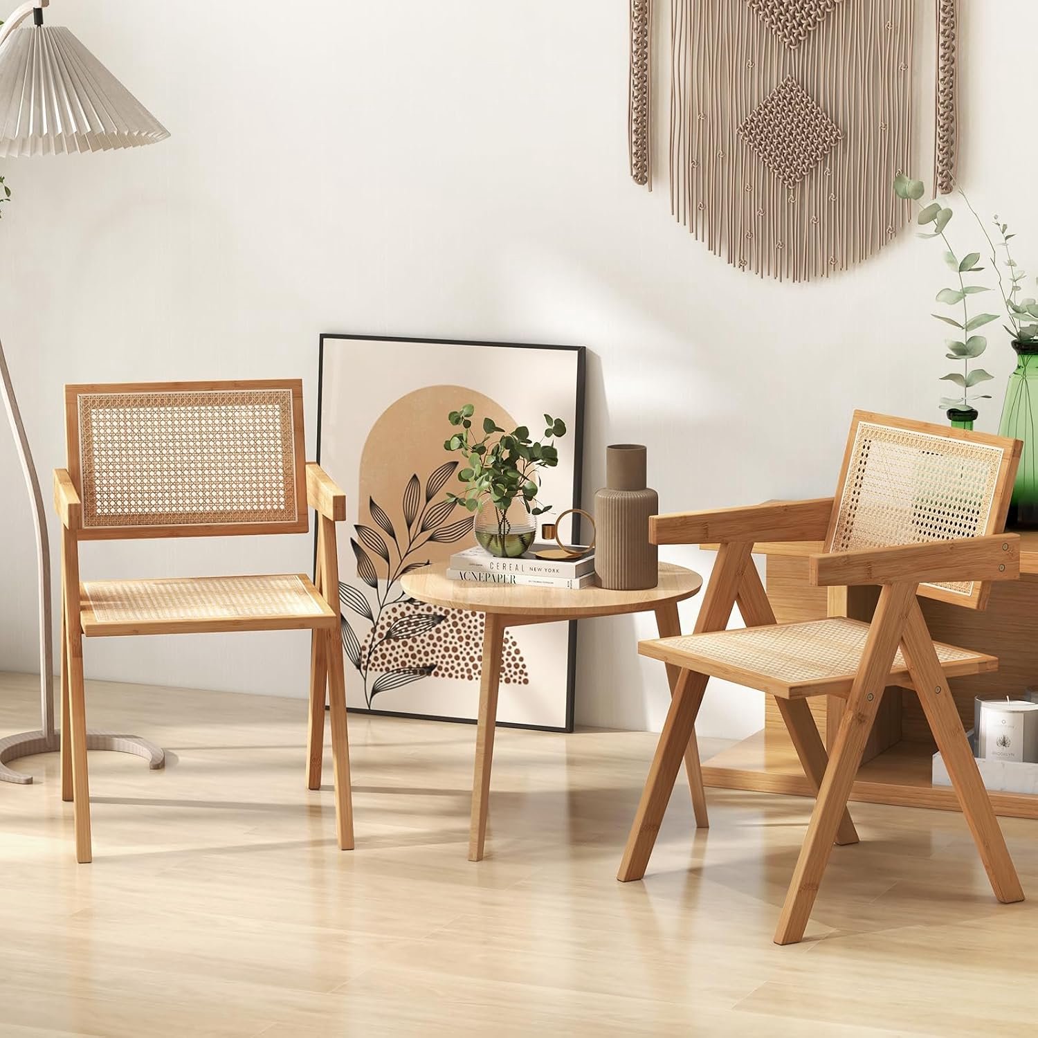 Natuurlijke Rotan Eetkamerstoelen met Armleuningen Set van 2 – Bamboe Houten Keukenstoelen met Ergonomische Rugleuning, Stapelbaar Design, 52 x 50 x 81 cm – Japandi en Bohemian Woonstijl