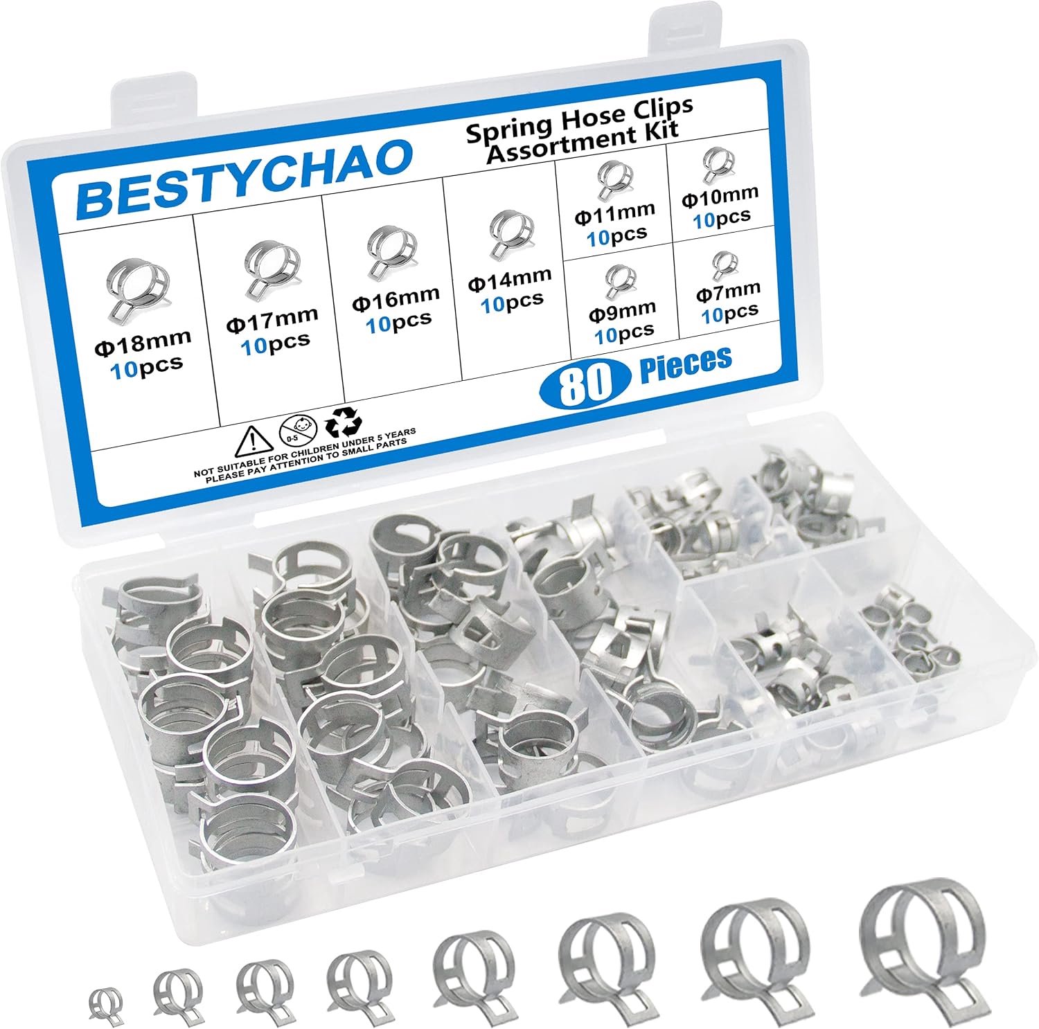 Mini slangklemmen 7-18 mm - assortiment veerslangklemmen - corrosiebestendig - voor leidingen bevestigen - 80 stuks - ServiceTopper