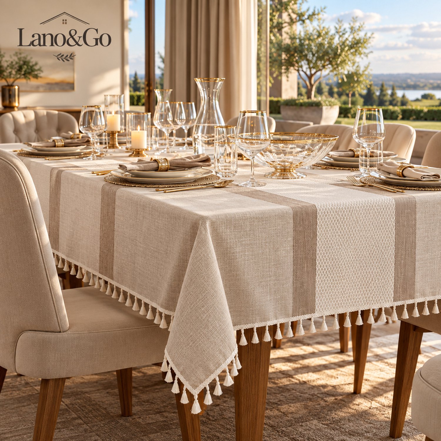 Lano&Go Rechthoekig Tafelkleed Buiten met Pompon Franjes, Vuilafstotend en Wasbaar, Lichtbeige, Katoen-Linnen, 140 x 220 cm