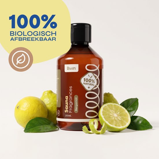 Bruine 250ml fles Livin' saunageur Bergamot omringd door verse citroenen en bladeren.