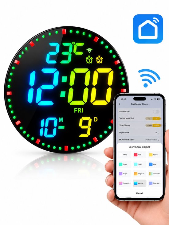 Ronde slimme RGB LED wandklok met digitale tijd, datum en temperatuur, bedienbaar via smartphone app.