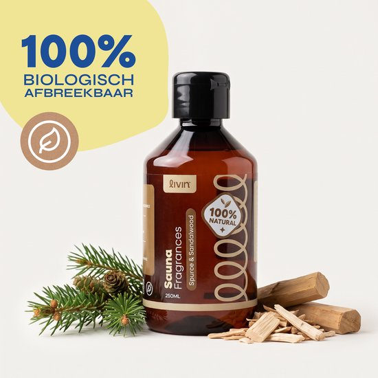 Fles 250ml Livin saunageur Spruce & Sandalwood omringd door dennentakken en sandelhout voor een natuurlijke uitstraling.