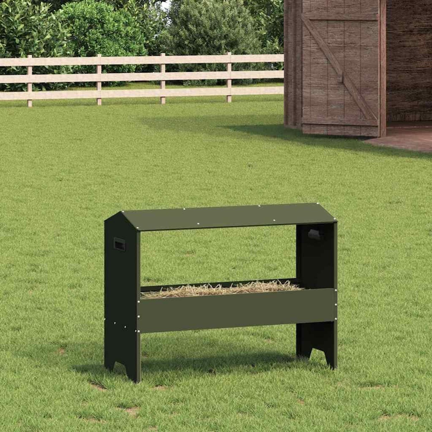 Veevoederbak 79 x 35 x 62 cm - staal - olijfgroen - ideale voeroplossing voor intensief gebruik - m-winkel