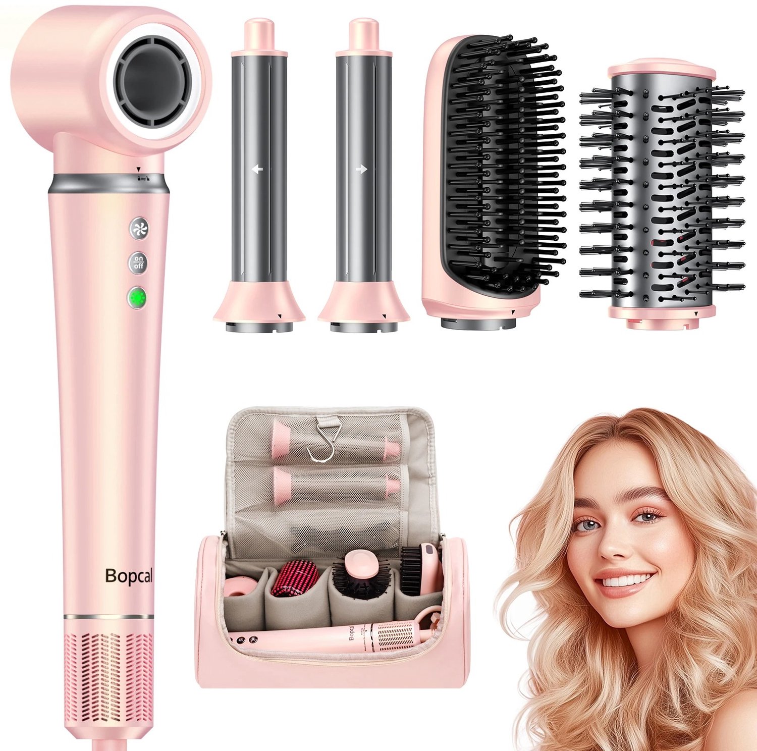 ITRONIQ Multistyler 5-in-1 Föhnborstel – Airwrap Krultang met 5 Opzetstukken – Ionentechnologie – Warm en Koud – 1200W – Roze