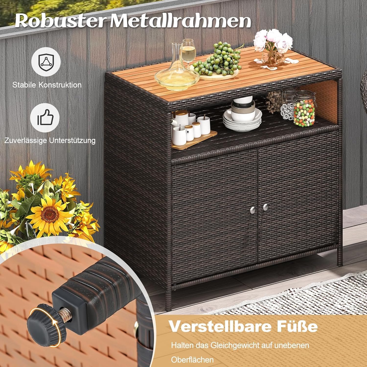 Tuinkast Rotan met Acacia Houten Werkblad – Terraskast & Buiten Buffetkast – Weerbestendige Buiten opbergkast met Open Vak & Dubbele Deur – Bruin – 90 x 53 x 86 cm – Laura Homestore
