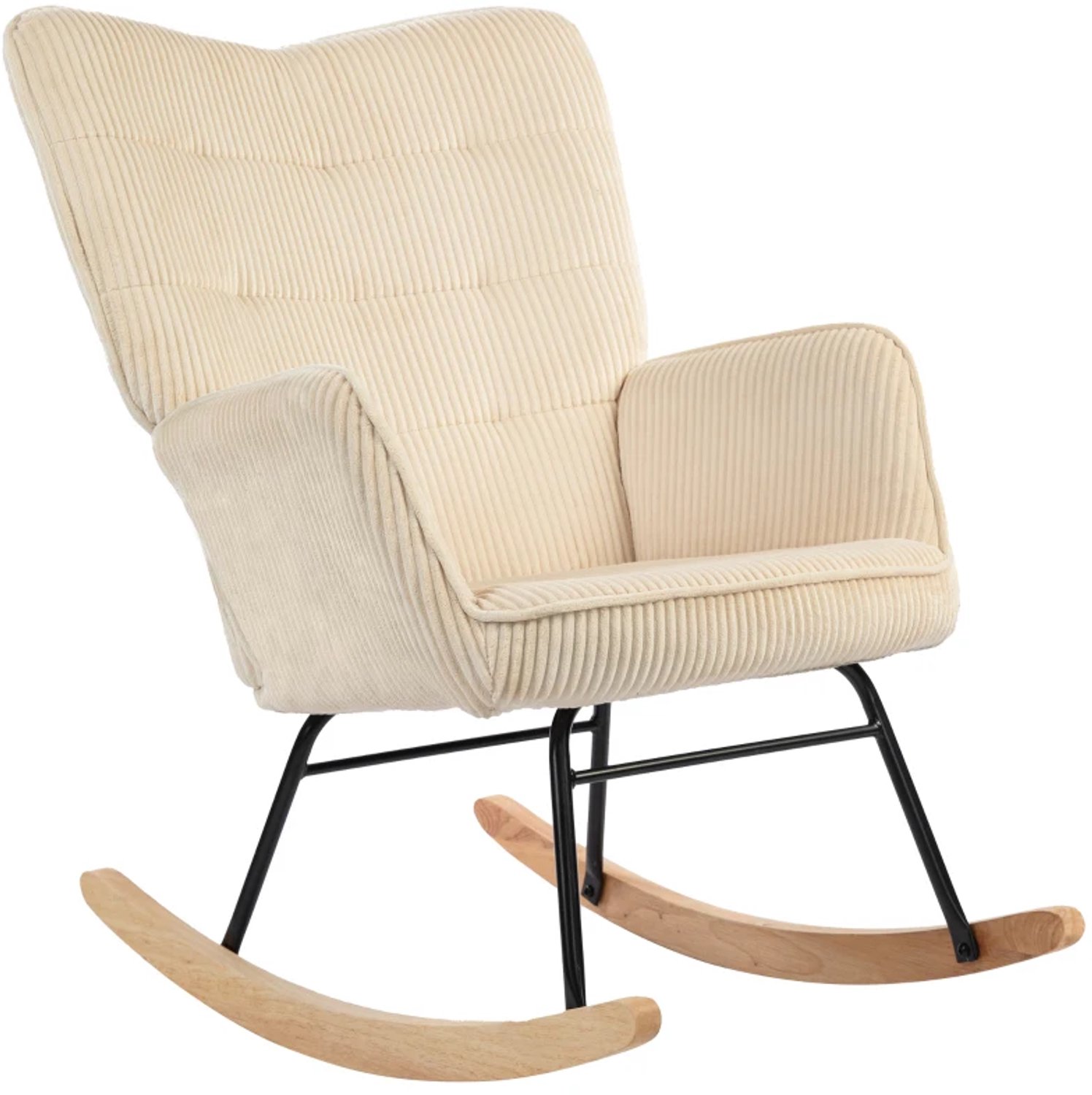 Sello! schommelstoel – relaxstoel – comfortabele zit – rib bekleding – ergonomische rugleuning – houten sledes – 120 kg – beige