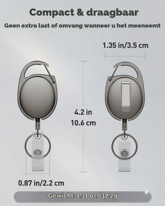 2-Pack Heavy Duty Metalen Retractable Badge Reel voor ID Kaarten en Sleutels, Volledig Metalen Constructie met RVS Veer, 54.5cm Nylon Koord en Karabijnhaak — afbeelding 2