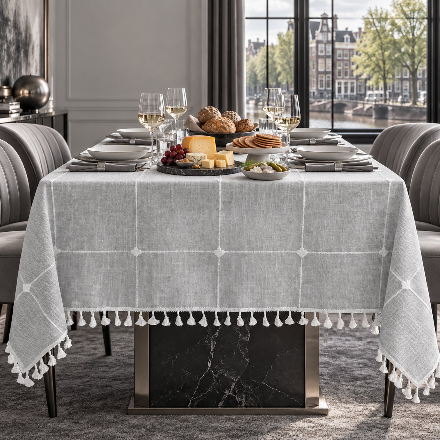 Lano&Go Rechthoekig Tafelkleed 140 x 140 cm - Vuilafstotend en Waterdicht - Katoen en Linnen - Geruit met Sterren en Franjes - Grijs - Voor Binnen en Buiten