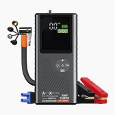 AutoXtreme 12V starthulp en compressor met digitaal scherm en bijgeleverde klemmen en ventieladapters.