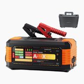 AutoXtreme Boost Dual 12400 met rode en zwarte startkabels, inclusief een bijbehorende zwarte opbergkoffer.
