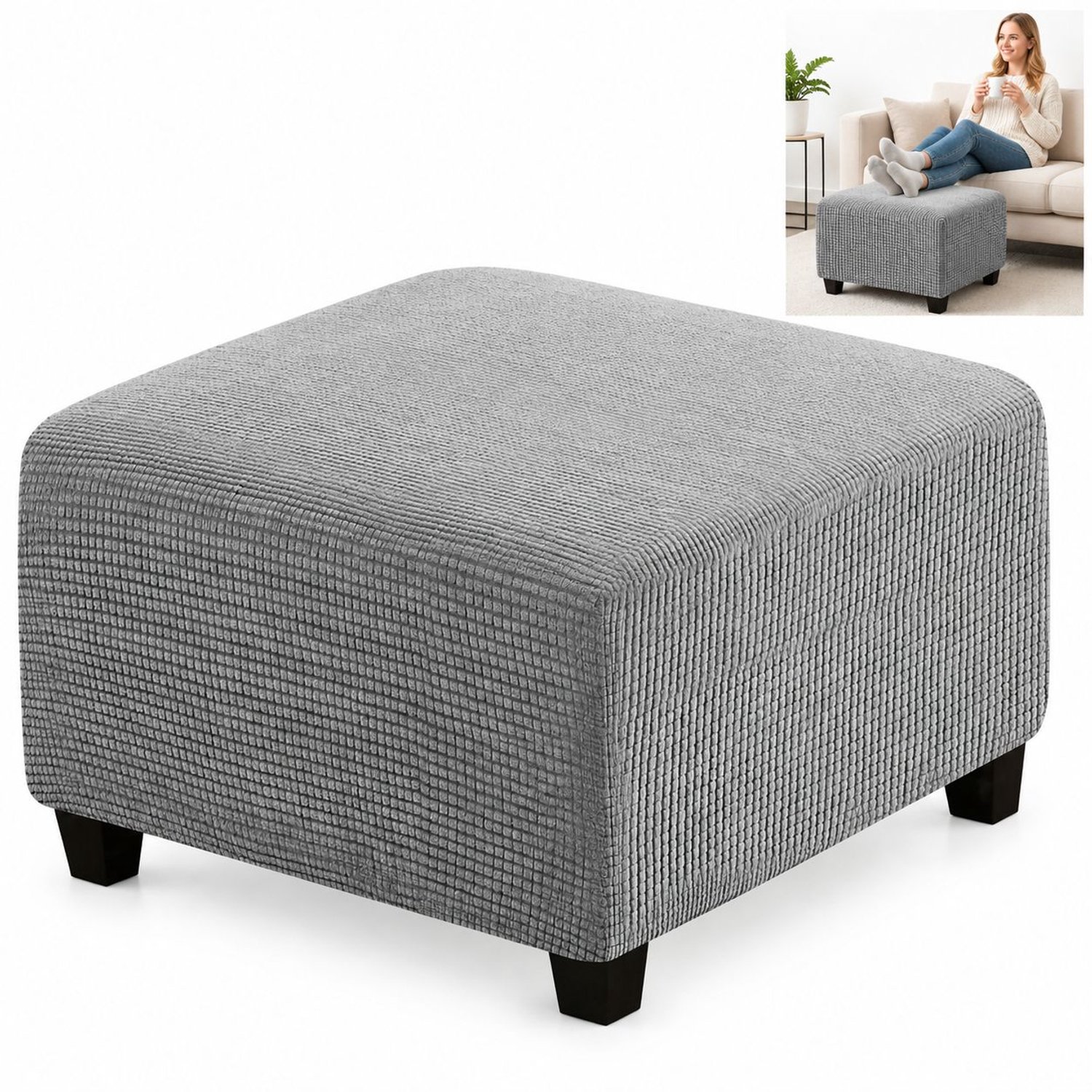 VHV Voetenbankhoes - Elastische jacquard beschermhoes voor vierkante hocker - Stretch meubelhoes met antisliprand voor woonkamer Grijs
