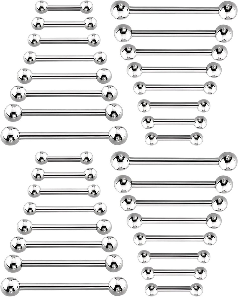 32 stuks halterpiercings, tongpiercing, tongstaaf, tepelringen, roestvrij staal, recht, barbell, piercing, tepelpiercing, tongpiercing, chirurgisch staal, 8 maten