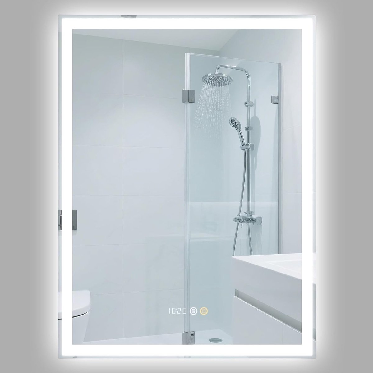 Badkamerspiegel met verlichting, 50 x 70 cm, led-spiegel met klok, 3 kleurtemperaturen, anti-condens, dimbare helderheid, geheugenfunctie, wandmontage installatie, 2 jaar garantie