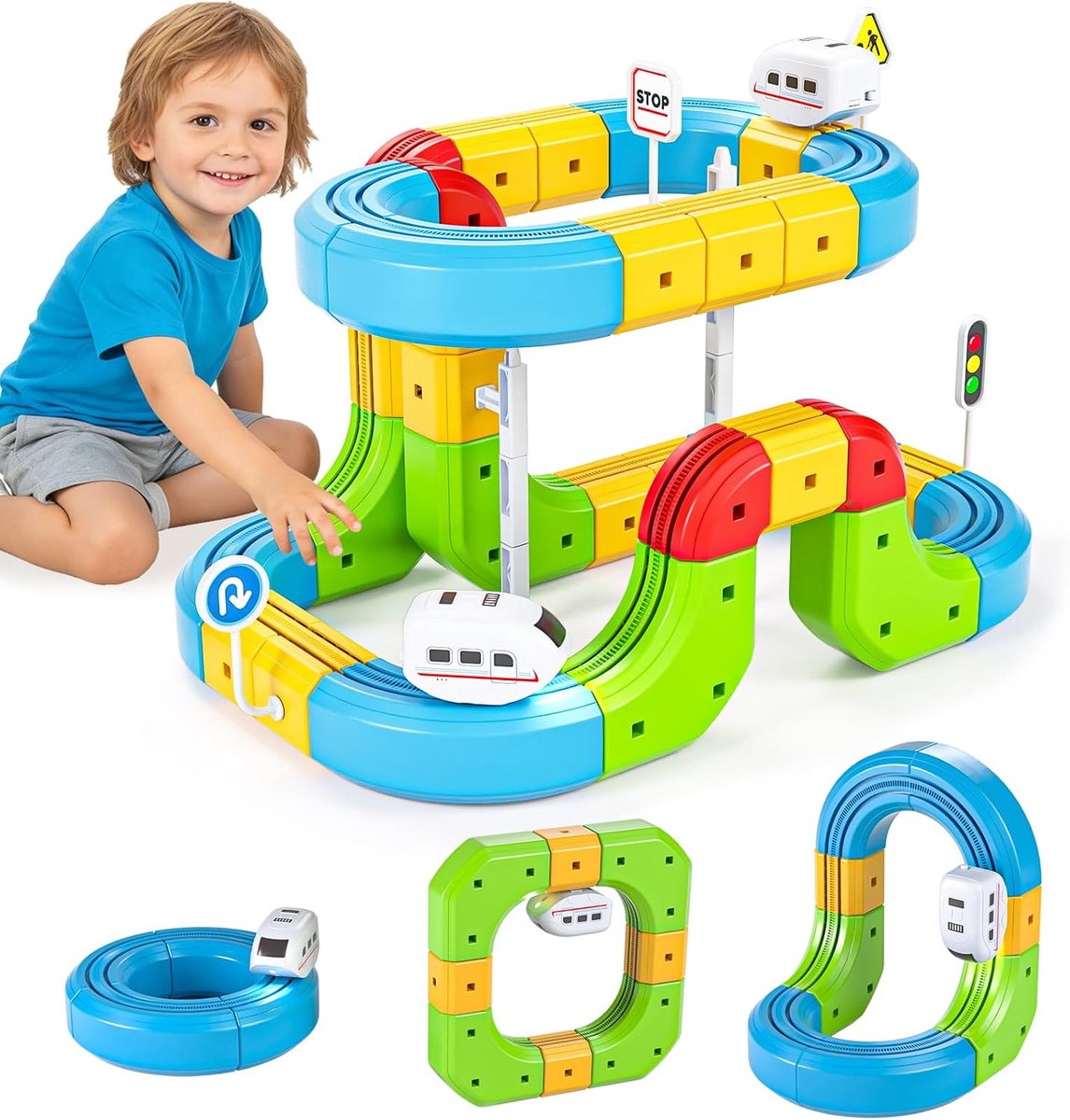 train track set, elektrische spoorweg met stuntrails, 360° loopings en bruggen – creatieve treinset voor kinderen van 3 tot 5 jaar