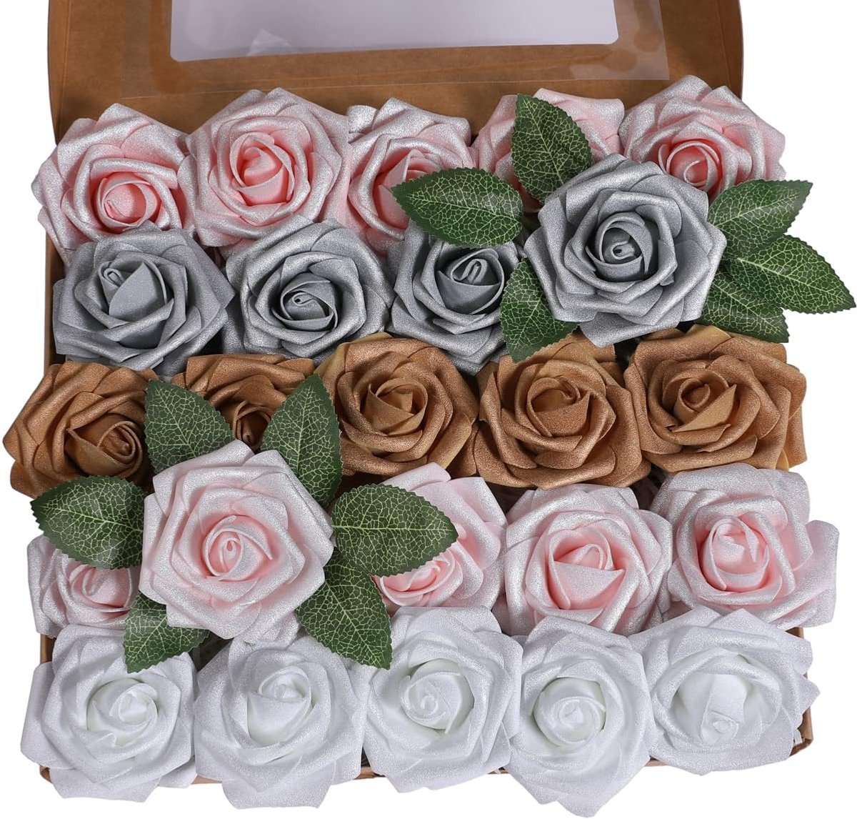 Kunstmatige 25 stuks rozenbloemen, schuimrozen, kunstbloemen, rozenhoofden, nep-kunstroos voor bruiloftsboeketten, bruidsdecoratie (5 kleuren + poeder, 25 stuks)