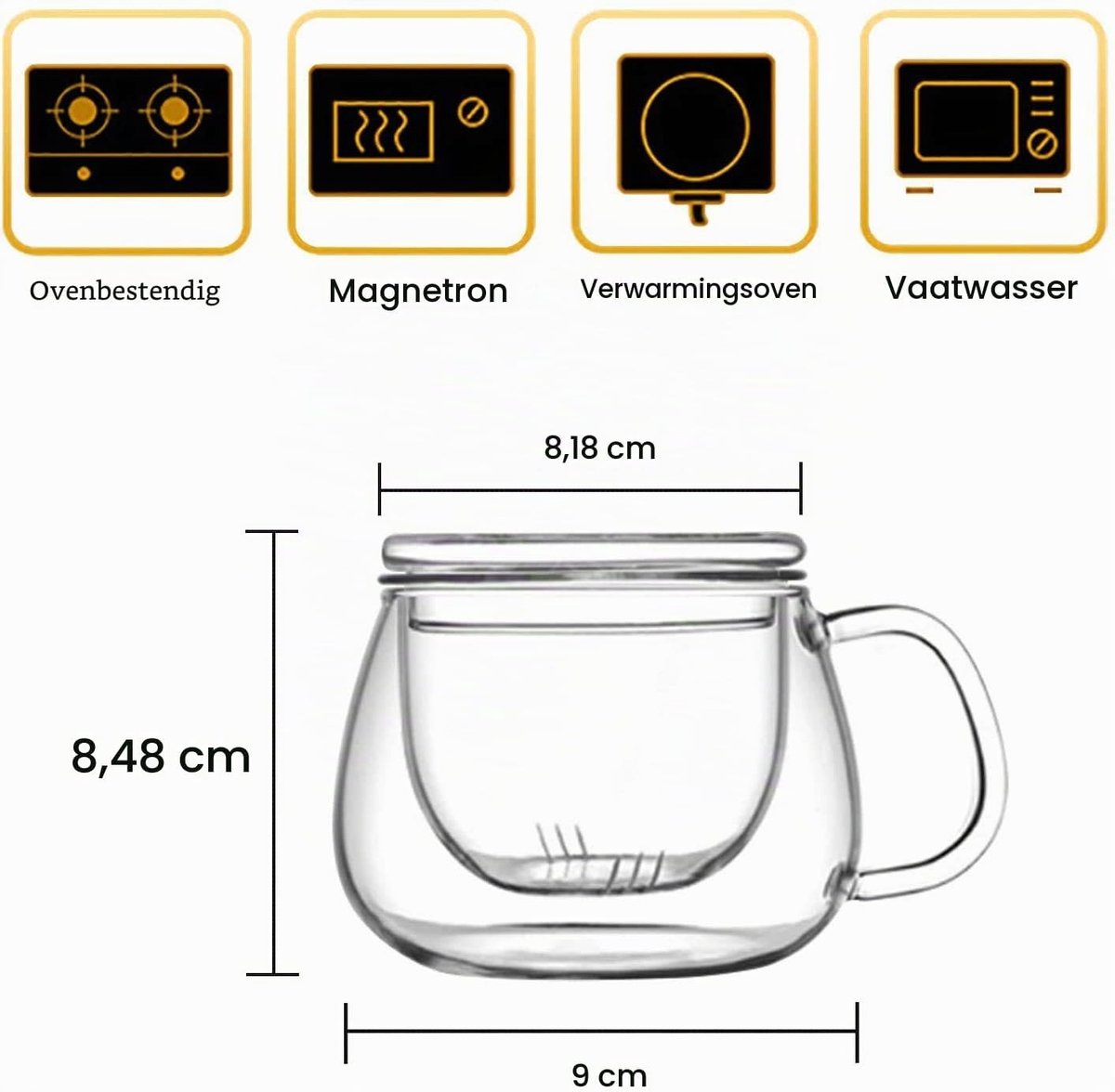 Glazen theekop met Infuser 12 oz, borosilicaatglas mok, duurzaam hittebestendig geschikt voor thee, dranken, ijskoffie