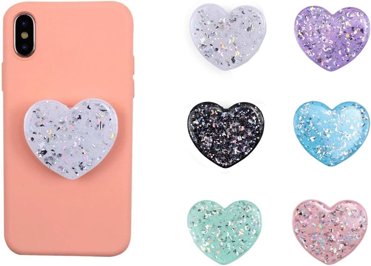 6 stuks telefoonhouders met standaard, mobiele telefoonhouders, glazen hart, compatibel met smartphones, uittrekbare basis, veilige grip voor telefoonhoesjes