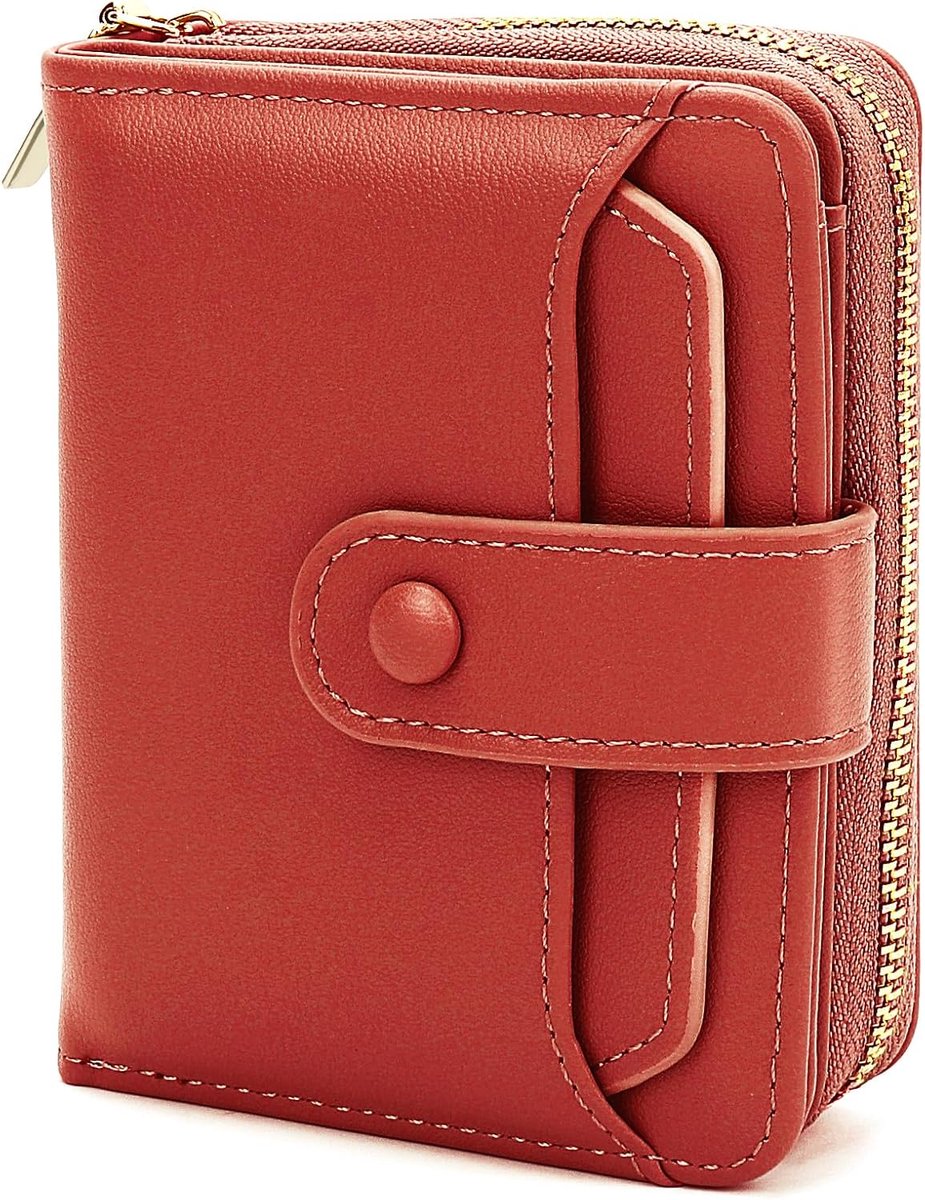 Portemonnee voor dames, klein, RFID-bescherming, PU-leer, portemonnee met 9 kaartvakken, buitenvak, U-vormige ritssluiting, muntvak en ID-venster, rood, 14*9.5*3.4cm, Modern