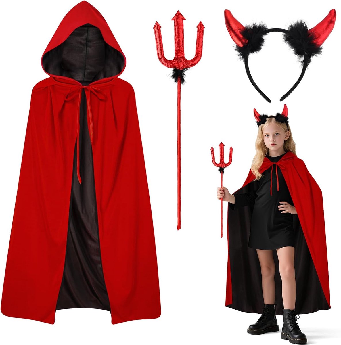 Kostuum Carnaval Set,90/120/150 cm Dubbelzijdige Cape & Duivelshoorns & Staf,Rode Zwarte Cape Duivel Kostuum voor Carnaval Fasching Party Cosplay Carnival Kostuums Demon Accessoires
